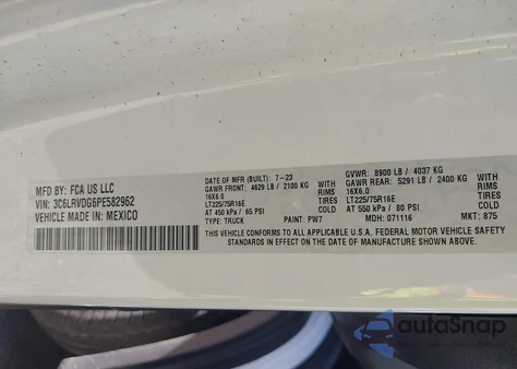 2023 Ram Promaster 2500 High Roof 159 Wb из США, поврежденный, VIN 3C6LRVDG6PE582962